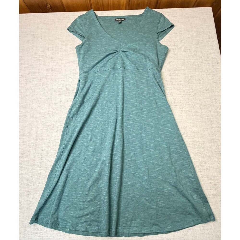 Toad&Co Rosemarie Dress Small Heather Teal V Neck Zip Pocket Organic Cotton EUC - Picture 5 of 8